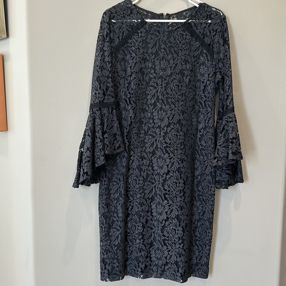 Calvin Klein gray lace dress with black lining. Bell sleeves, size 14